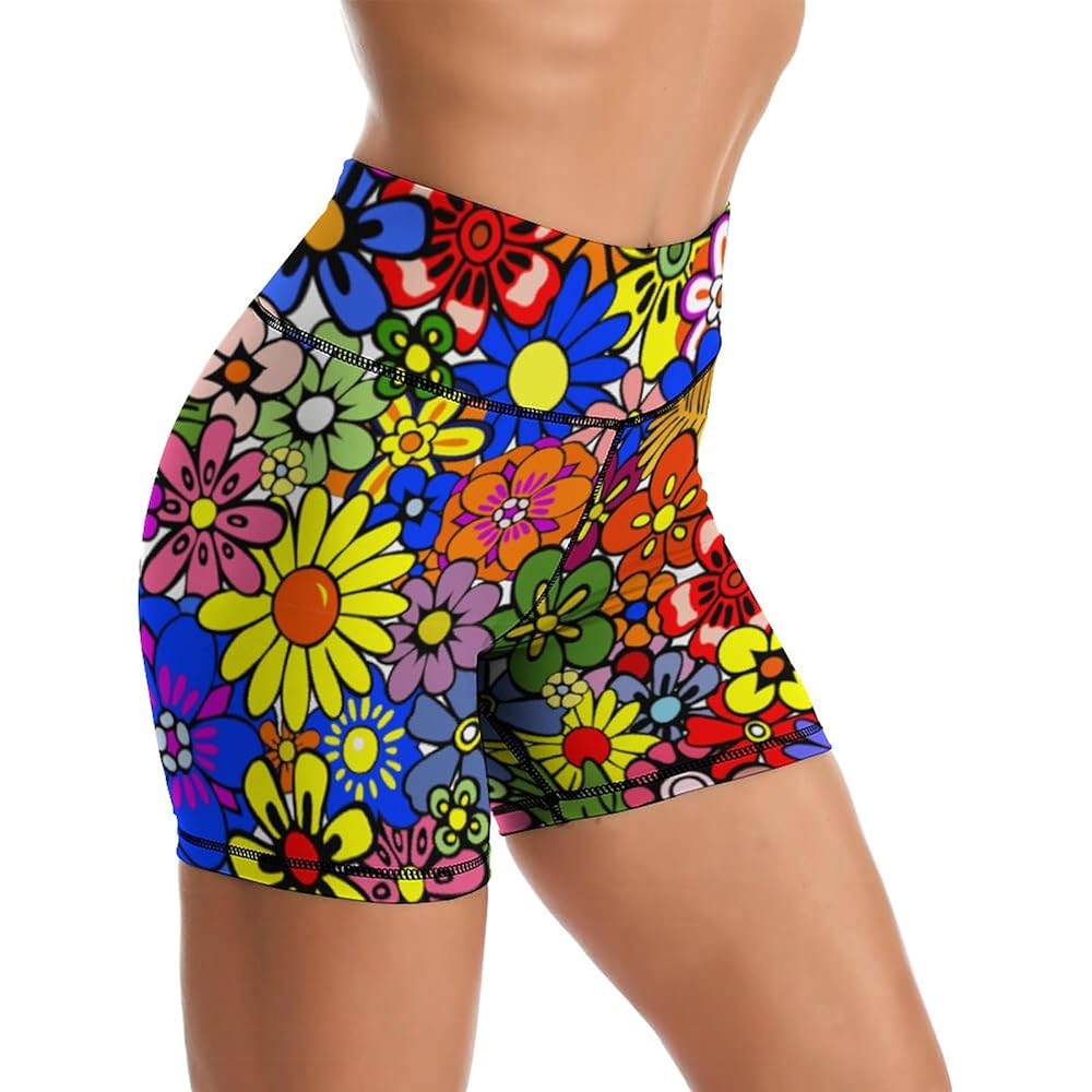 Retro 80S 90S Flower Yoga Shorts for Women High Waisted